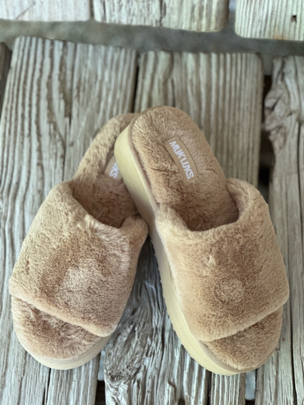 Muk Luks Fuzzy Slide Sandals in Camel Brown
